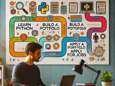 A person learning coding on a laptop with a tech career roadmap.