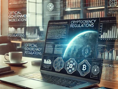 A professional tracking cryptocurrency regulations on a laptop screen with multiple sources displayed.