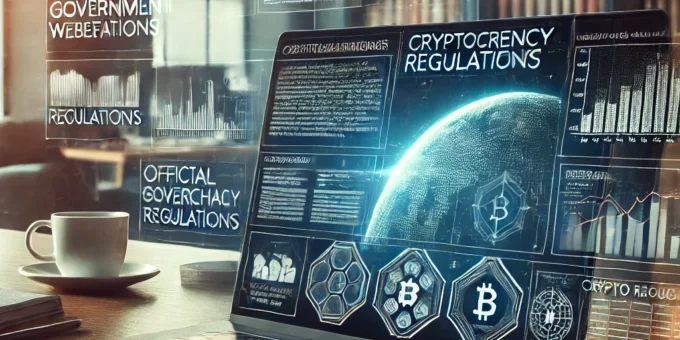 A professional tracking cryptocurrency regulations on a laptop screen with multiple sources displayed.