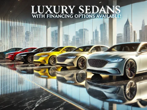 A sleek luxury car with financing options showcased