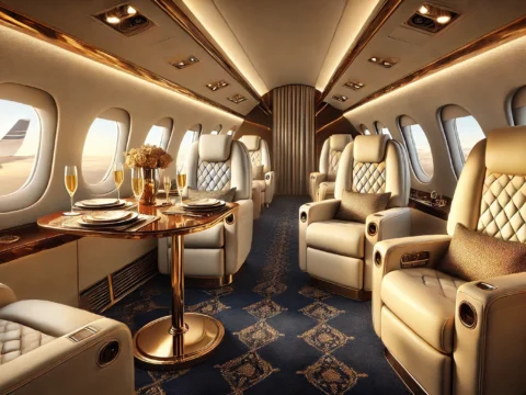 An elegant private jet interior representing luxury air travel insurance.