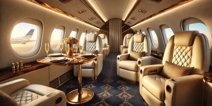 An elegant private jet interior representing luxury air travel insurance.