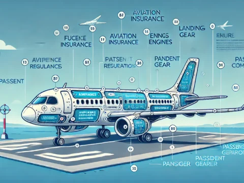 An illustration showing a plane with labeled sections covered by aviation insurance regulations.