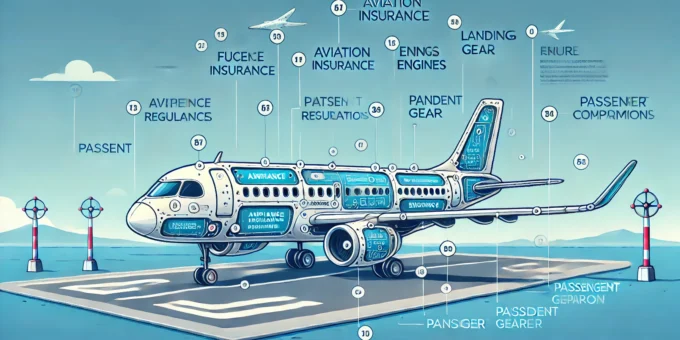 An illustration showing a plane with labeled sections covered by aviation insurance regulations.