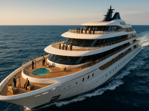 Luxury ship investments sailing on blue seas with opulent decks and investors onboard