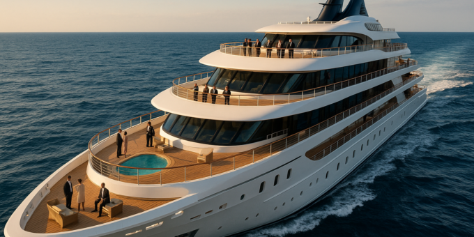 Luxury ship investments sailing on blue seas with opulent decks and investors onboard
