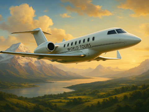 luxury airplane world tours in private jet over scenic landscapes
