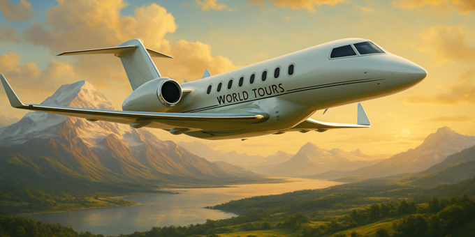 luxury airplane world tours in private jet over scenic landscapes