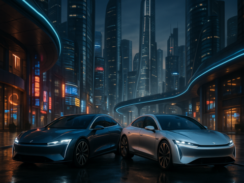 luxury electric cars 2025 in futuristic urban setting